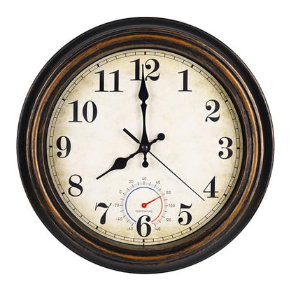 Outdoor Clock Waterproof with Thermometer Wall Clock for Patio Pool Bathroom Kitchen 12 Inch Bronze