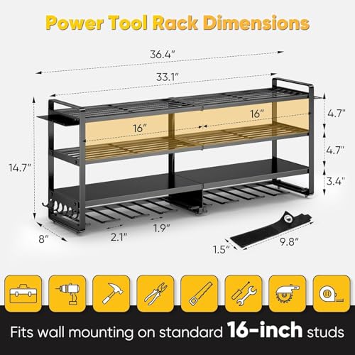 POKIPO Large Power Tool Organizer Wall Mount,4 Layers Heavy Duty Metal Loads 400lbs,Power Tool Shelf Battery Storage with 8 Cordless Drill Holder,Utility Racks for Garage Workshop