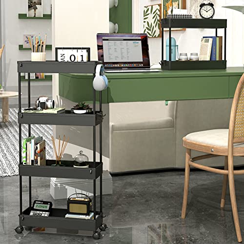 SPACEKEEPER Slim Rolling Storage Cart, 4 Tier Bathroom Cart Organizer,Black | Narrow Rolling Cart with Wheels for Kitchen Office Bathroom Laundry Room,Mobile Utility Cart for Craft Art Makeup Nail Polish