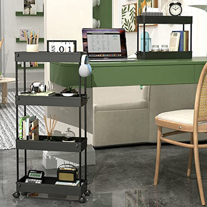 SPACEKEEPER Slim Rolling Storage Cart, 4 Tier Bathroom Cart Organizer,Black | Narrow Rolling Cart with Wheels for Kitchen Office Bathroom Laundry Room,Mobile Utility Cart for Craft Art Makeup Nail Polish