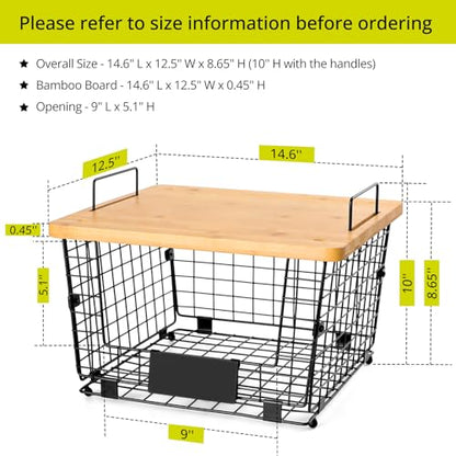 2 Set XXL Stackable Wire Basket with Bamboo Tops & Tag- Pantry Organizer and Storage Bins, Kitchen Counter Cabinet Shelf Countertop Under Sink Organizing, Food Snack Produce Onion Potato Bread Storage