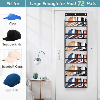 Clear Over The Door Hat Racks for Baseball Caps, Large Holds up to 72 Caps Hat Storage Organizer for Closet Wall, Deep Pockets Hanging Hat Holder with 3 Hooks, Black