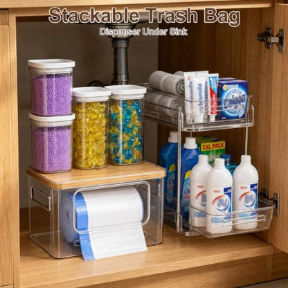 Trash Bag Holder with Bamboo Lid, Stackable Trash bag Dispenser with 2-tier Rack and 4 Plastic Bottles, Extra Large Garbage Bag Holder for Kitchen Laundry Room Under Sink Organization and Storage