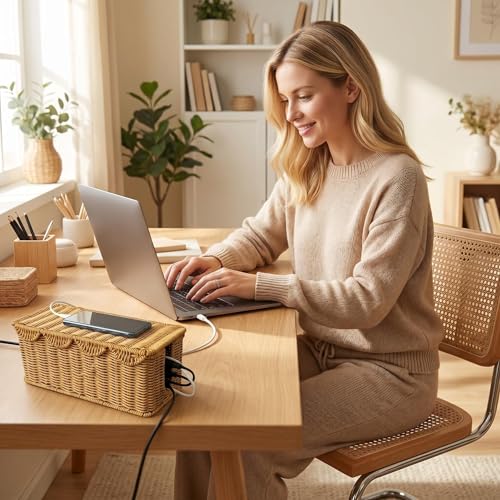Cable Management Box, Scalloped Faux Rattan Cord Organizer Basket with Lid, Decorative Cord Hider Box with 2 Cable Slots for Power Strip, Small Router, USB Hub, Desk, TV Stand & Home Office, Natural