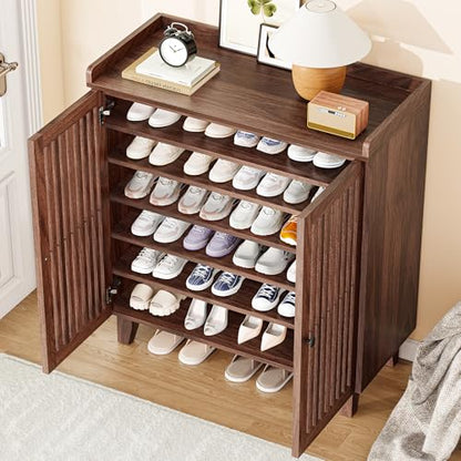 IRONCK Shoe Cabinet with Slatted Doors, 6-Tier Shoe Storage Cabinet, Walnut | Adjustable Shelves, Wooden Shoe Rack Organizer for Entryway, Hallway, Closet, Living Room