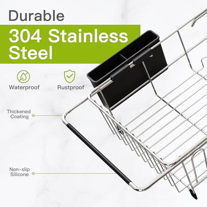 JASIWAY Dish Drying Rack in Sink, Dish Drainer with Cup and Utensil Holder | Over The Sink Expandable Stainless Steel Strainer Dryer Rack for Small Kitchen, Counter Space Saving, Fast Drain, Rustproof
