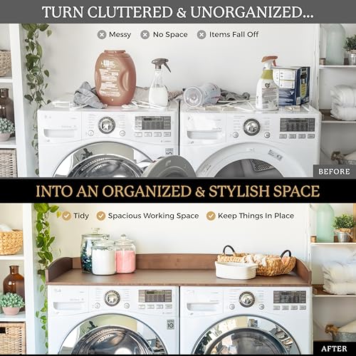 Nedura Washer Dryer Countertop with Anti-Vibration Pads, Curved Edge Rails, Premium Bamboo Laundry Countertop, Washer Dryer Topper, Laundry Room Organization, Laundry Room Accessory – Dark Walnut