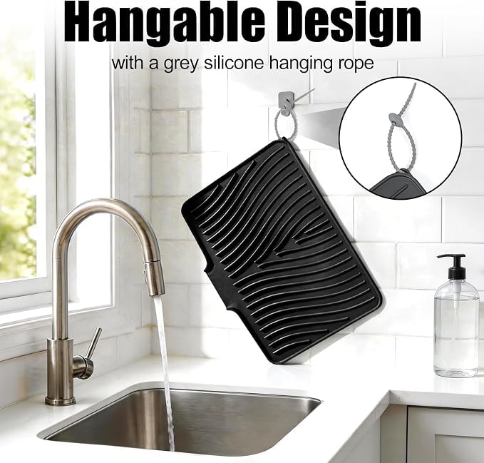 Silicone Dish Drying Mat for Kitchen Counter, Black-1pc, 16" x 12" | Heat Resistant & Non-Slip Dish Drain Pad with Built-In Drain, Dishwasher Safe, Quick-Dry, Hangable & Roll-Up for Storage