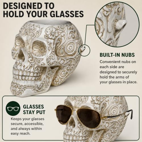 Top Brass Large Sugar Skull Eyeglass Holder & Succulent Planter – Decorative Skull Glasses Stand, Reading Glasses Organizer, Small Flower Pot, Resin Desk Decor, Sunglasses Holder, Home Office Décor