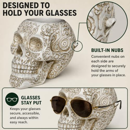 Top Brass Large Sugar Skull Eyeglass Holder & Succulent Planter – Decorative Skull Glasses Stand, Reading Glasses Organizer, Small Flower Pot, Resin Desk Decor, Sunglasses Holder, Home Office Décor