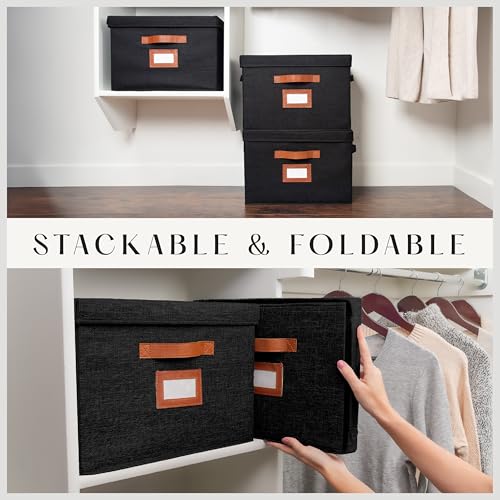 3 Pack Large Fabric Storage Boxes with Lids (15.75" x 11.25" x 11.25") - Decorative Bin with Lid, Label Holder, Faux Leather Handles - Large Storage Boxes for Organizing Clothes, Blankets - Black