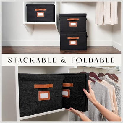 3 Pack Large Fabric Storage Boxes with Lids (15.75" x 11.25" x 11.25") - Decorative Bin with Lid, Label Holder, Faux Leather Handles - Large Storage Boxes for Organizing Clothes, Blankets - Black