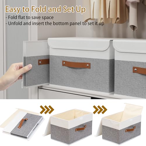 Yawinhe Fabric Storage Boxes with Lids,White/Grey,15.0x9.8x9.8in,1-Pack | Container with Leather Handle,Washable Storage Basket, Clothes Blanket Bin,Collapsible Closet Organizer for Bedroom