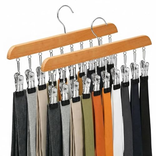 2 Pack Legging Organizer for Closet, Wooden Pants Hangers with 10 Clips | Holds 20 Jeans, Skirts, Underwear, Panties, Space Saving Hangers for Wardrobe Storage & Organization