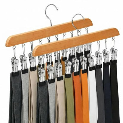 2 Pack Legging Organizer for Closet, Wooden Pants Hangers with 10 Clips | Holds 20 Jeans, Skirts, Underwear, Panties, Space Saving Hangers for Wardrobe Storage & Organization
