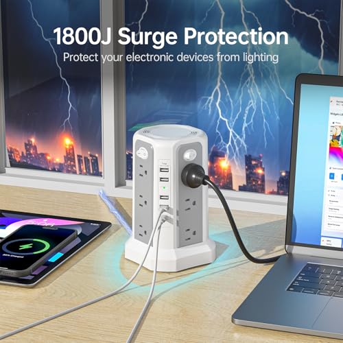 Surge Protector Power Strip Tower with PD18W USB C Port,10FT Extension Cord with 12 AC Mutiple Outlets 5 USB Charging Ports, PASSUS Power Tower Surge Protection for Home Office Dorm Room