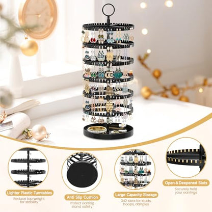 MODOWEY Rotating Earring Holder Organizer Tree Display Stand, 6 Tiers Black | 342 Slots Adjustable Plastic Hanger with Metal Tray for Stud Pierced Hoop, Large Capacity Storage Rack for Women Space-Saving