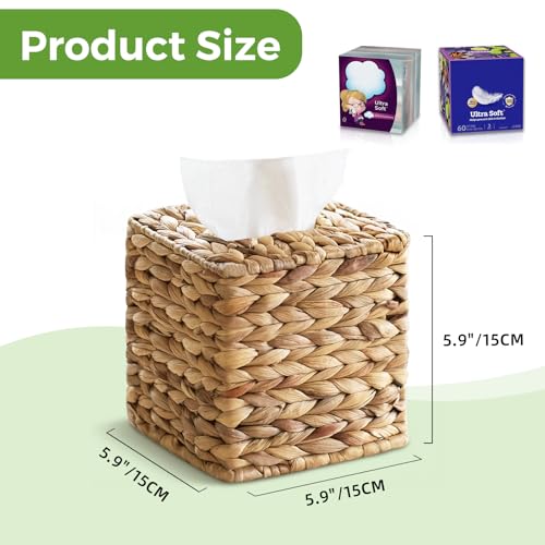 Wicker Tissue Box Cover Square, Handwoven Facial Tissue Napkin Box Holder | Natural Water Hyacinth, Decorative Tissue Cover Tissue Holder for Bathroom Bedroom Office Table Desk Night Stand, Boho Decor