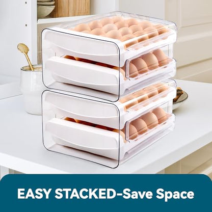 Luckore 2 Tier Egg Holder for Fridge Container for 40 Eggs with Drawer | Clear Stackable Egg Organizer Holder Tray for Fridge, Storage Container with Handles for Refrigerator, Countertop