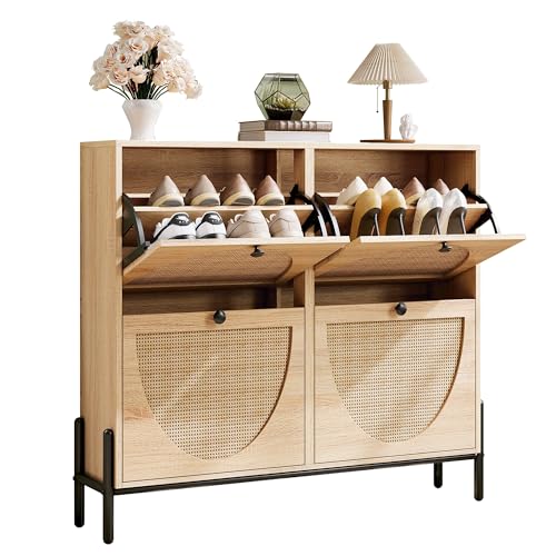 IRONCK Rattan Shoe Cabinet Storage with 4 Flip Drawers, Oak | Freestanding Shoe Storage Organizer Cabinet for Entryway, Narrow Shoe Rack Cabinet