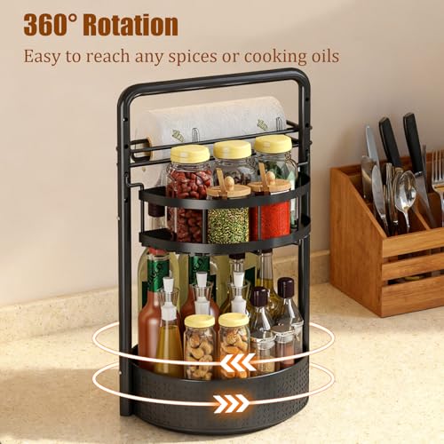 JEESA Rotating Spice Rack with Paper Towel Holder, Black | 2 Tier Lazy Susan, Sturdy Iron, Seasoning Organizer, Kitchen Countertop