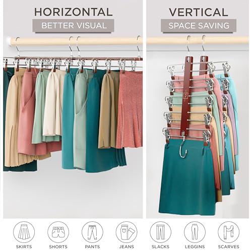 Skirt Hangers Space Saving with Clips - 2 Pack - European Beechwood 5-Tier Hanger for Shorts, Skirts, and Pants - Closet Organizer and Storage Solution for Women with 360° Swivel Hook
