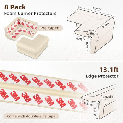 Edge Protector, Baby Proof Corners and Edges Foam Corner Protector Guards | Furniture Corner & Edge Safety Bumpers Covers 13 ft Edge Cushion for Table, Crib, Wall, Off White