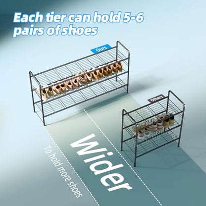 3 Tier Shoe Rack for Closet, 44 Inch Extra Long Shoe Storage Organizer for Shelves, Heavy Duty Metal, Easy Assembly, Black