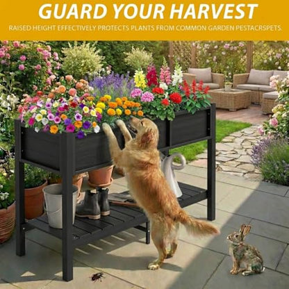 DWVO 48x18x30in Raised Garden Bed Kit, HDPE Planter Box Stand, Poly Wood Weather-Resistant Planter Box with Legs & Storage Shelf, Elevated Garden Bed for Backyard, Patio, Balcony,Black