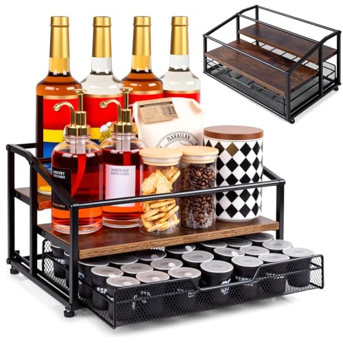 Coffee Syrup Rack Organizer, 3-Tier 8 Bottle Syrup... (Black & Brown | Metal, Wood)