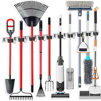 IMILLET 2 Pack Broom Holder Wall Mount Stainless Steel Mop Organizer | 5 Racks 4 Hooks Heavy Duty Garage Organization Storage,Broom and Mop Organizer Wall Hanging Self Adhesive for Laundry Room