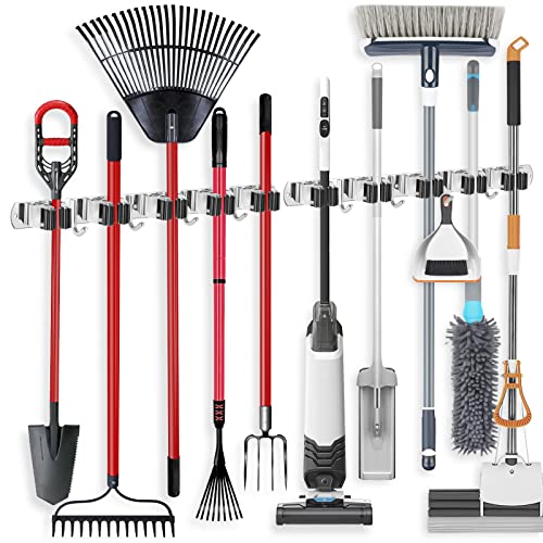 IMILLET 2 Pack Broom Holder Wall Mount Stainless Steel Mop Organizer | 5 Racks 4 Hooks Heavy Duty Garage Organization Storage,Broom and Mop Organizer Wall Hanging Self Adhesive for Laundry Room