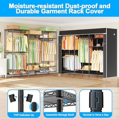 E13C Heavy Duty Closet Organizer System，Freestanding Clothing Racks for Hanging Clothes，Adjustable Garment Rack 63" W x 16" D x 77" H Hold 960 lbs，Black Clothing Rack with Black Dustproof Cover