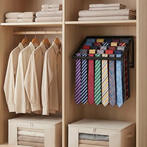 Wall Mounted Tie Rack Organizer, Metal Tie Rack Holds Up to 58 Ties, Adjustable Angle Tie Holder for Closet ,Tie Organizer Wall Mounted, Suitable for Ties, Scarves and Belts Organization (Black)