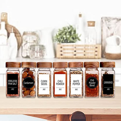 24 Pack 4oz Glass Spice Jars with 547 Labels, Acacia Wood Lids