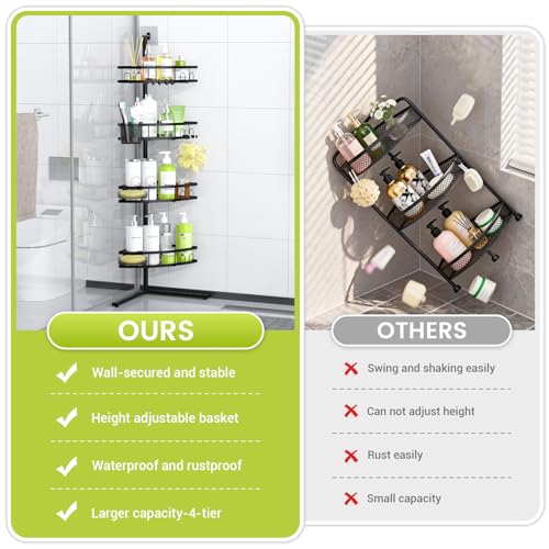 Corner Shower Caddy Standing: 4-tier Rustproof Shower Organizer Shelf - Floor Shower Corner Shelf for Bathroom, Renters, Apartment & Dorm