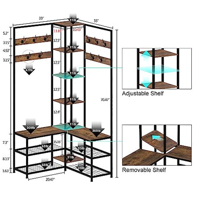 GiftGo Corner Hall Tree with Shoe Rack Storage Bench Display Open Shelves Modern Industrial Entryway Coat Rack Stand for Home Living Room Mudroom Bedroom Multifunctional 5 in 1 (Rustic Brown)