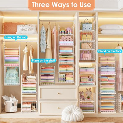 Yuyetuyo 6 Tier Raised-Height Hanging Closet Organizer, Stackable Sweater Organizer for Closet, Wire Storage Basket Bins for Clothes Purse Shoes, Hanging Shelves with 4 Hooks & 3 Dividers Adjustable