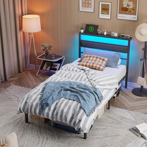 Twin Bed Frames, Upholstered Headboard and Storage Shelf, Black | led lights, under-bed storage, no box spring, easy assembly, sturdy steel frame, USB+Type-C+AC ports, app & remote control