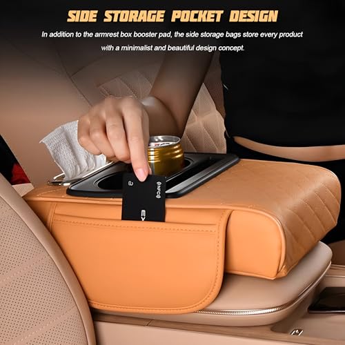 Zpana 4 in 1 Car Center Console Armrest Pillow, Memory Foam, Black | Leather Vehicle Arm Rest Cover, with Tissue Box 2 Side Storage Bag Cup & Phone Holder, Universal Fit
