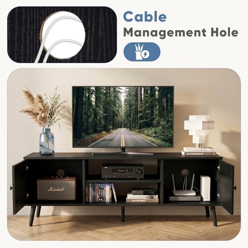 DUMOS TV Stand for 55 60 inch TV, Modern Mid Century Entertainment Center with Storage, Wooden Media Console Table with 2 Cabinets, for Living Room, Bedroom, Black
