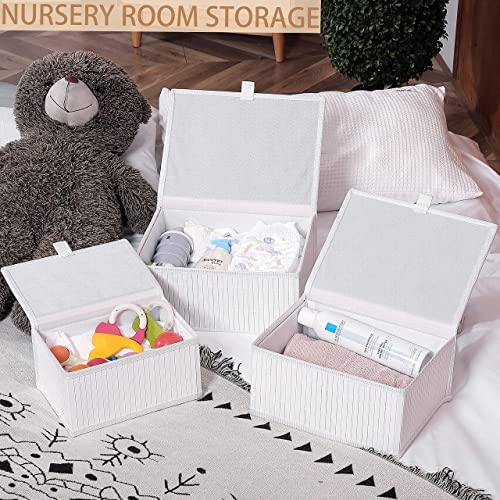 Bamboo Decorative Storage Boxes - Set of 3 Woven Lined Storage Basket with Lids, White Wicker Lidded Baskets for Home Kitchen Shelf Organizer Decor