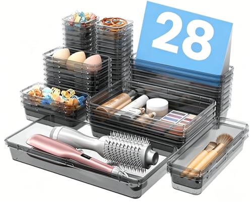 A-LuGei 【Military Grade】 Drawer Organizer,【𝟱𝗦𝗶𝘇𝗲】 Makeup organizer,【Holds 177 Items】 Bathroom Organizers and Storage,Organization and Storage,Desk Drawer Organizer for Vanity【Clear Black】