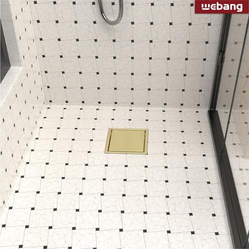 6 Inch Square Shower Drain Gold Floor Drain with Flange Reversible 2-in-1 Cover Tile Insert Grate Removable SUS304 Stainless Steel CUPC Certified Brushed Gold