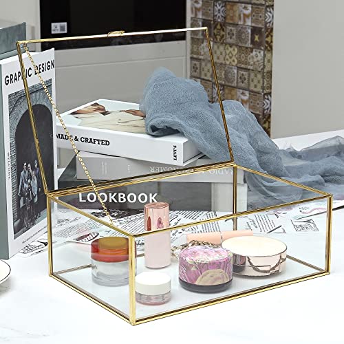 Vintage Glass Box with Lid - Clear Jewelry Glass Display Box Keepsake Box - Home Decor Decorative Box for Trinket Rings Bracelet (Gold, Large)