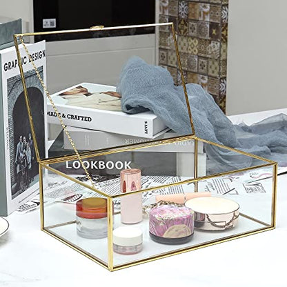 Vintage Glass Box with Lid - Clear Jewelry Glass Display Box Keepsake Box - Home Decor Decorative Box for Trinket Rings Bracelet (Gold, Large)