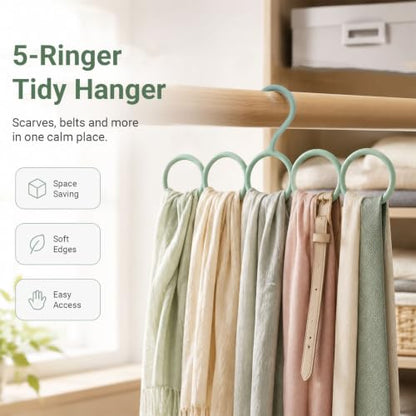 Coshar 5 Pack Scarf Hanger Holder (2 White+ 3 Green) | Scarf Storage Organizer for Ties Belts Socks, Ring Hole Slots for Space Saving, Multiple Purpose Tie Belt Rack Organizer