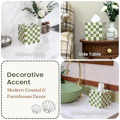 5.5" Capiz Checkered Square Tissue Box Cover, Pistachio Green | Handmade Decorative Tissue Holder With Capiz Shell Inlay, Cute Green Tissue Box Cover For Kleenex For Bathroom, Coffee Table