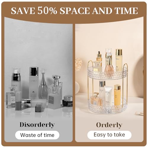 Large Capacity Rotating Makeup Organizer Perfume Stand Holder, 2 Tier Clear | Skincare Storage for Dresser 360° Spinning Bathroom Counter Organizer for Vanity Lazy Susan Turntable
