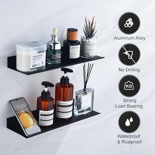 Adhesive Bathroom Shelves 2 Pack, Black Floating Wall Shelf 40cm | Metal Shower Caddy, Aerospace Aluminum, Renter-friendly, Rustproof & Waterproof, Drill/No Drill, Supports 5kg